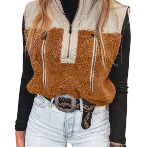 Women's Chestnut Color Block Plush Vest – Zipper Stand Neck Patchwork for Daily Casual Wear