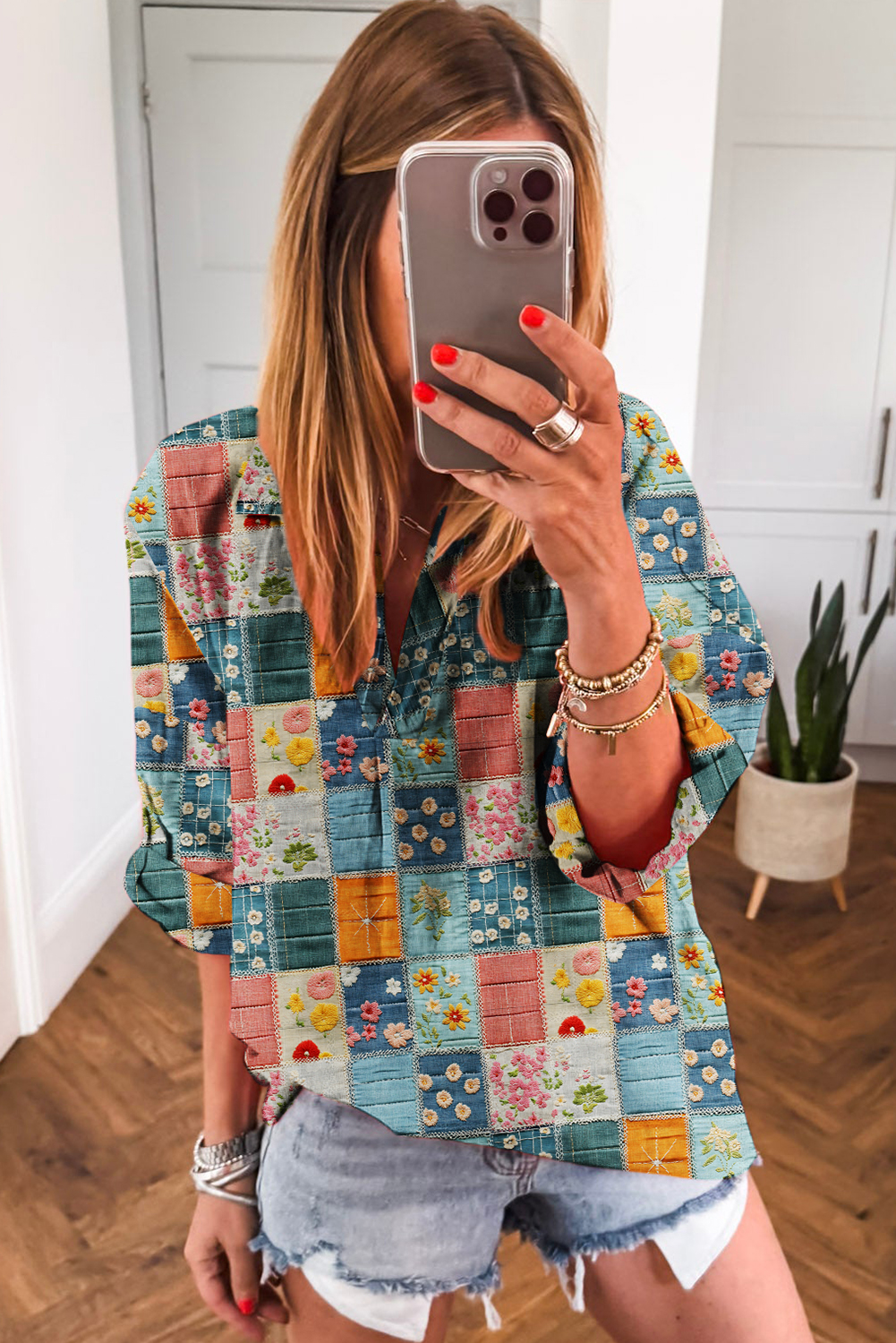 Chic Sky Blue Floral Print Blouse with V Neck and Roll-Up Sleeves for Daily Wear - Detail View 6