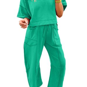 Women's Mint Green Matching Set – Drop Shoulder Boxy Tee and High Waist Barrel Pants
