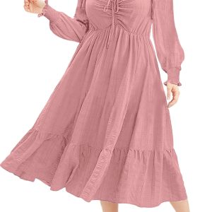 Plus Size Pink Lace-up Ruched Front Long Sleeve Ruffle Hem Midi Dress for Women - Main View