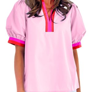 Women's Pink Contrast Striped V Neck Blouse with Short Puff Sleeves - Main View