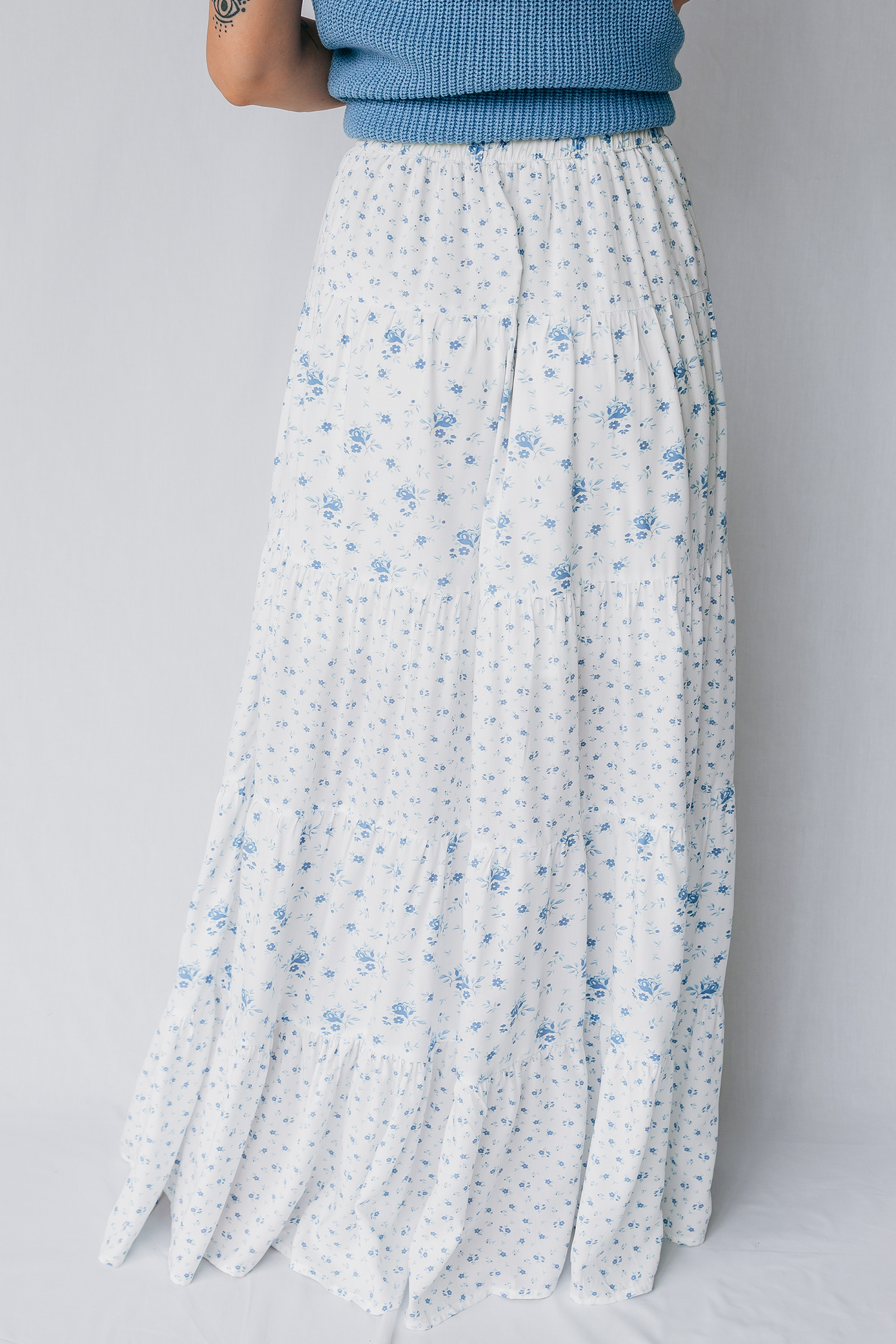 Boho Floral Maxi Skirt for Women – Sky Blue High Waist Patchwork Long Skirt, Casual Daily Summer Style - Detail View 2
