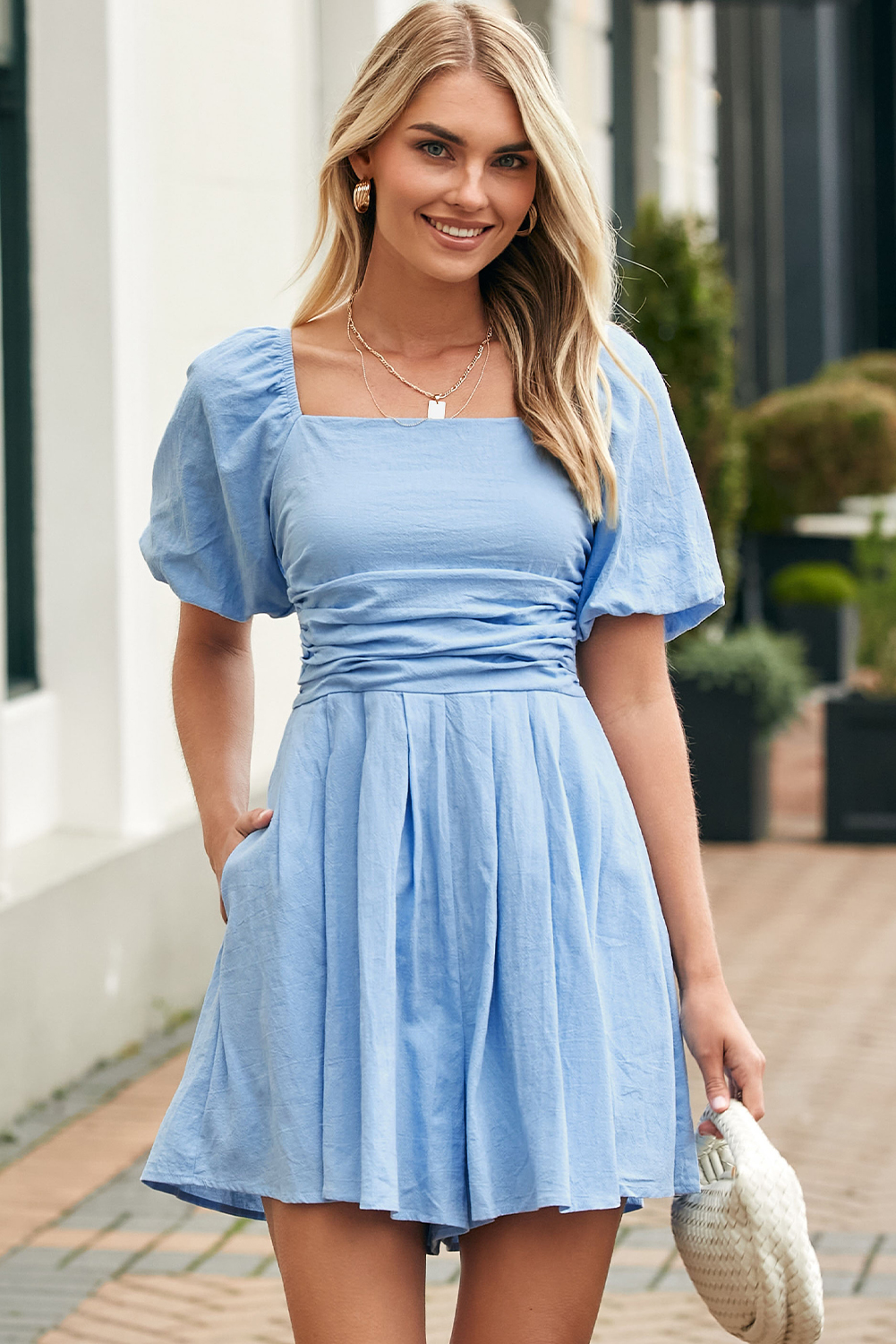 Chic Women's Puff Sleeve Romper – 100% Cotton Ruched Square Neck Jumpsuit for Vacation and Daily Wear - Detail View 12