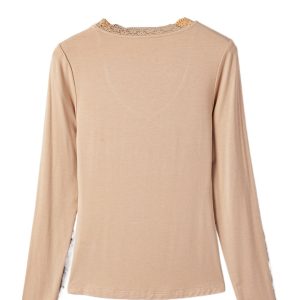 Women's Smoke Gray Lace-Trimmed Long Sleeve T-Shirt – Elegant Sweetheart Neckline for Daily Wear - Main View