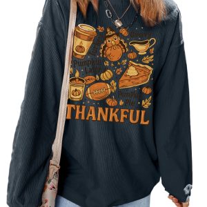 Women's Dark Grey Ribbed Baggy Sweatshirt with THANKFUL Print – Casual Thanksgiving Layering for Daily Wear - Main View