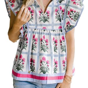 Women's Pink Floral Flutter Sleeve Top – Casual Split V-Neck Blouse for Summer Vacation