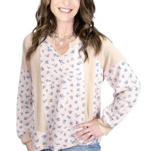 Women's Beige Waffle Knit Floral Patchwork Top – Oversized Daily Casual Wear