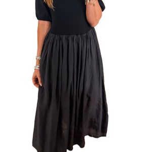 Women's Black Patchwork Pleated Long Dress – Casual Summer Style with Half Sleeves