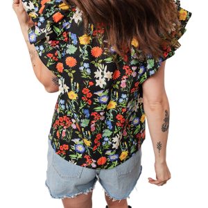 Women's Black Floral Blouse – Tiered Flutter Sleeve V Neck Top for Daily Wear