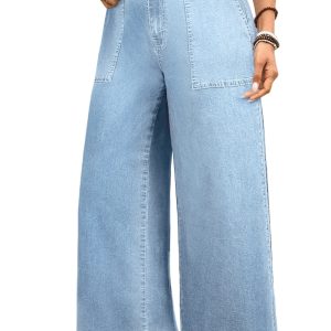 Beau Blue Plus Size Ruffled Wide Leg Denim Pants – Casual Comfort for Every Day