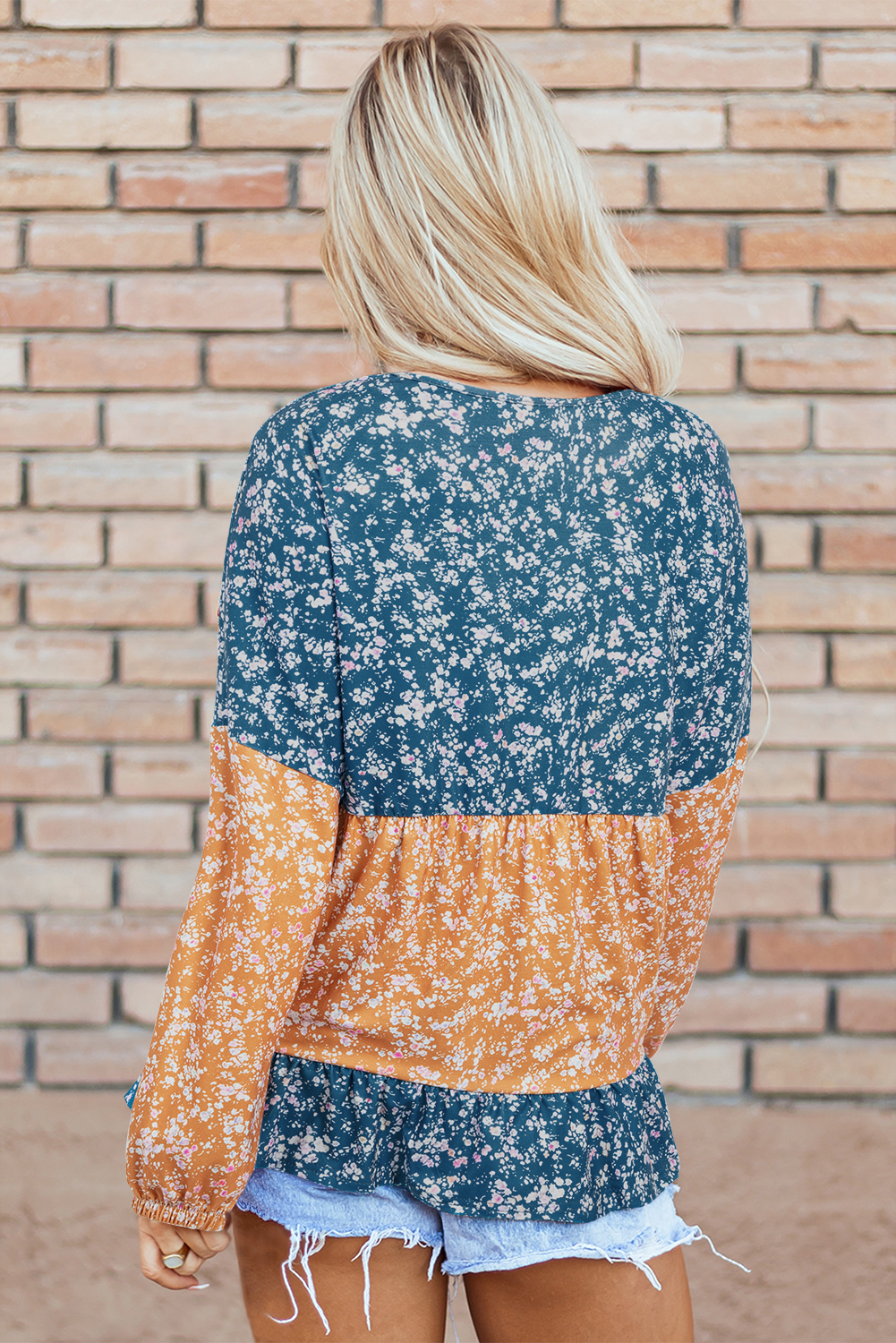 Women's Blouse, Orange Floral, Color Block, Patchwork, Ruffled Hem, Round Neck, Long Sleeve, Daily Wear, Spring Fashion, Southern Belle Style, Country Chic, Stylish Top, Comfortable Fit, Trendy Design - Detail View 8