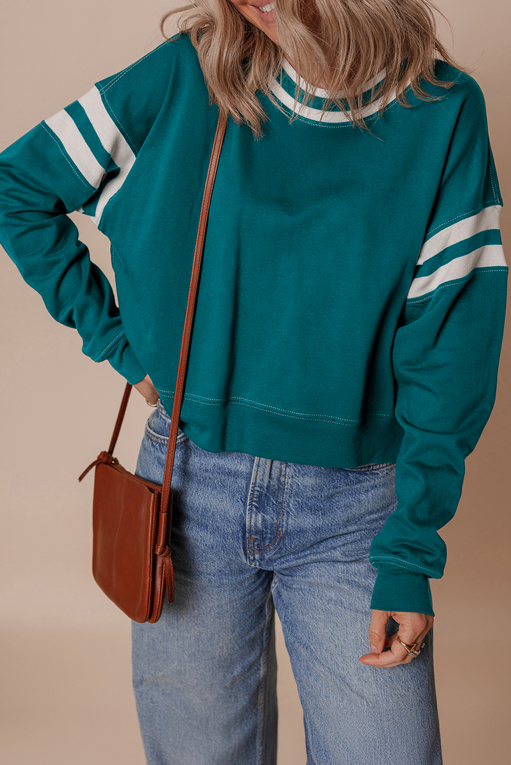 Trendy Cropped Sweatshirt for Women - Blackish Green with Colorblock Design - Detail View 2