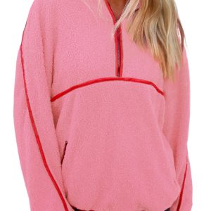 Women's Strawberry Pink Sherpa Half Zip Pullover – Cozy Contrast Trim Sweatshirt for Daily Wear - Main View