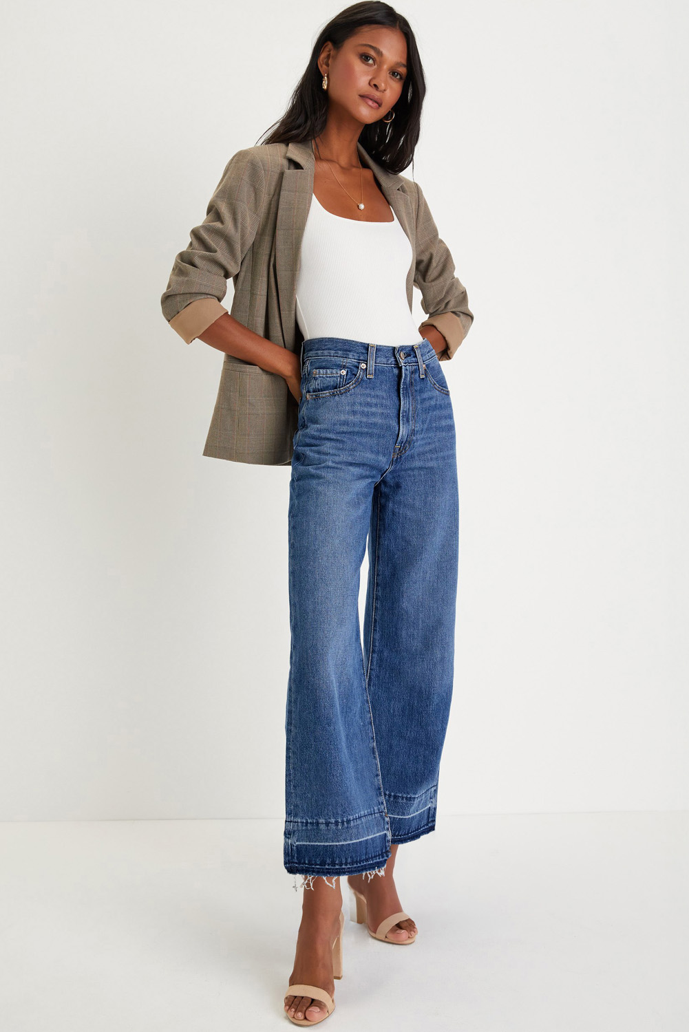 Women's Navy Blue Raw Hem Straight Leg High Waist Jeans - Casual Everyday Style - Detail View 5