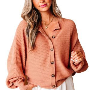 Women's Apricot Pink Wide Rib Knit Button Front Dolman Sleeve Sweater Cardigan - Main View