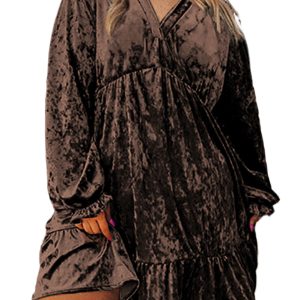 Women's Coffee Velvet Babydoll Mini Dress with Puff Sleeves – Casual Autumn Style for Daily Wear - Main View