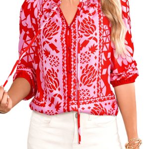 Women's Strawberry Pink Abstract Floral Print Tie Neck Blouse with 3/4 Sleeves - Main View