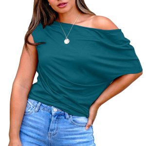 Women's Blue Sapphire Asymmetric Neck Blouse – Casual Short Sleeve Top for Summer