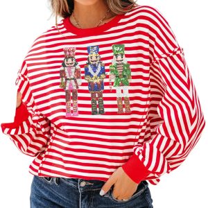 Women's Red Stripe Christmas Nutcracker Sequin Patched Long Sleeve Top – Casual Daily Wear with Festive Flair