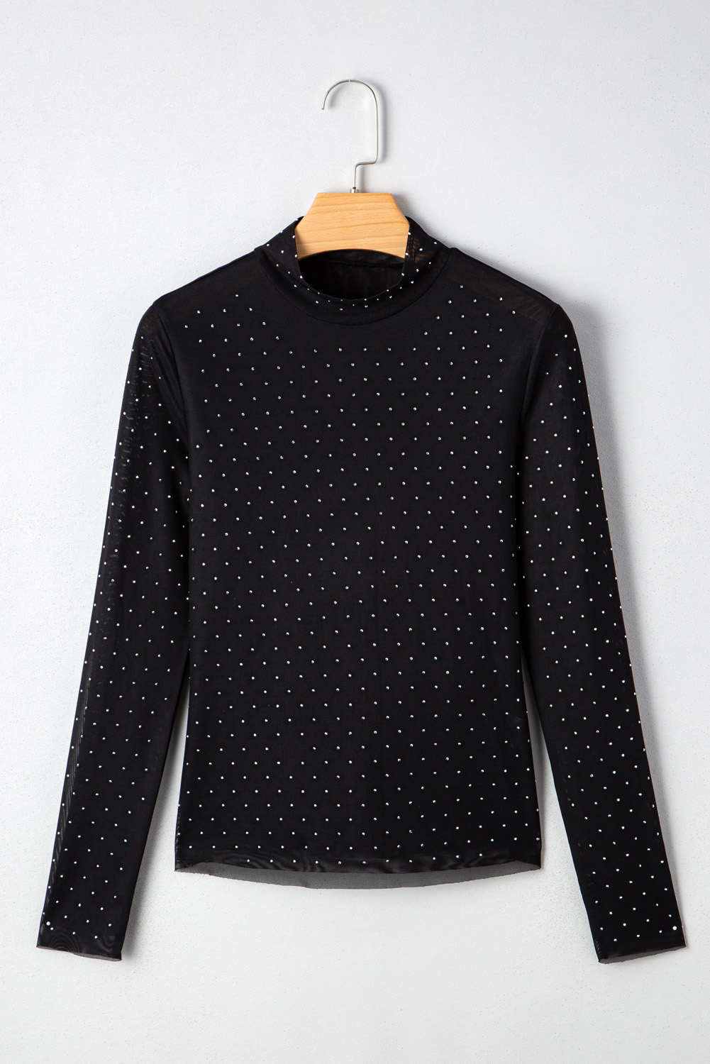 Stylish Black Sheer Long Sleeve Top with Rhinestone Accents for Night Out - Detail View 7