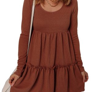 Women's Straw Yellow Ribbed Frilled Trim High Waist Long Sleeve Mini Dress - Main View
