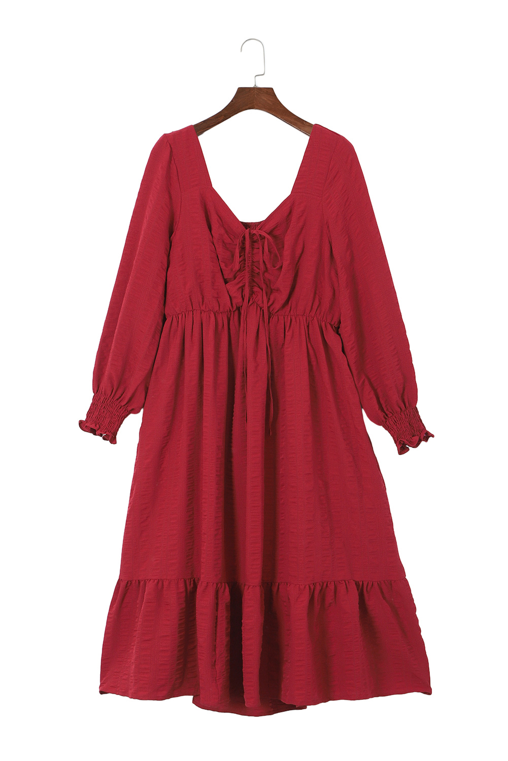 Elegant Long Sleeve Fiery Red Midi Dress - Plus Size with Drawstring Details - Detail View 22