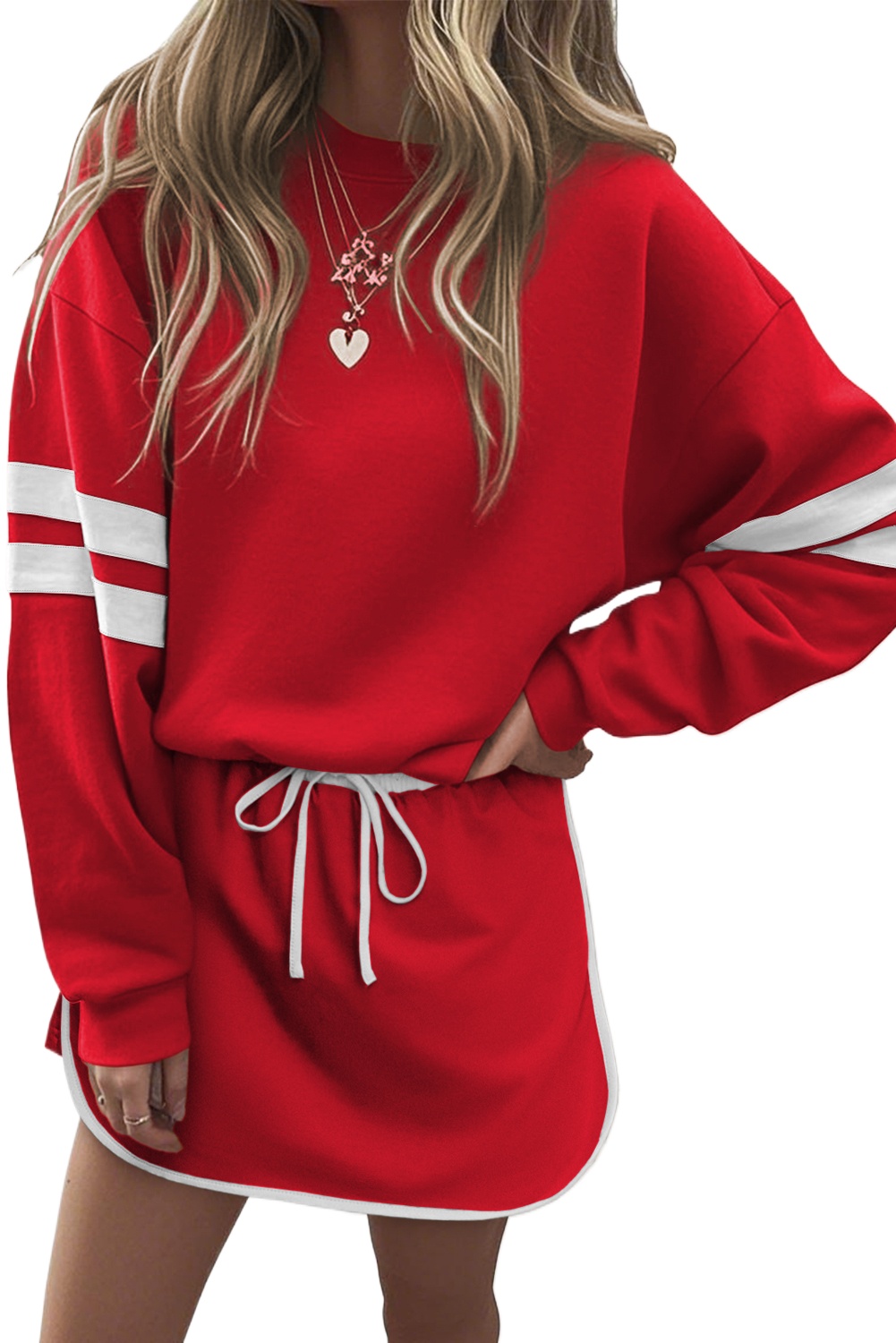 Casual Fall Outfit: Fiery Red Drop Shoulder Pullover with Mini Skirt - Detail View 2