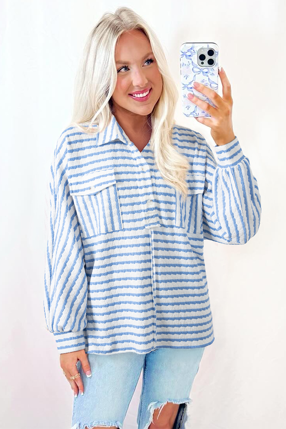 Casual Loose Fit Long Sleeve Blouse - Sky Blue Stripe with Round Neck - Detail View 2