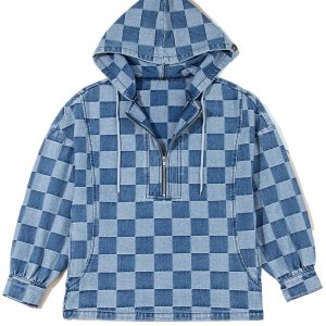 Sky Blue Checkerboard Zipped Neck Denim Hoodie with Kangaroo Pocket - Main View