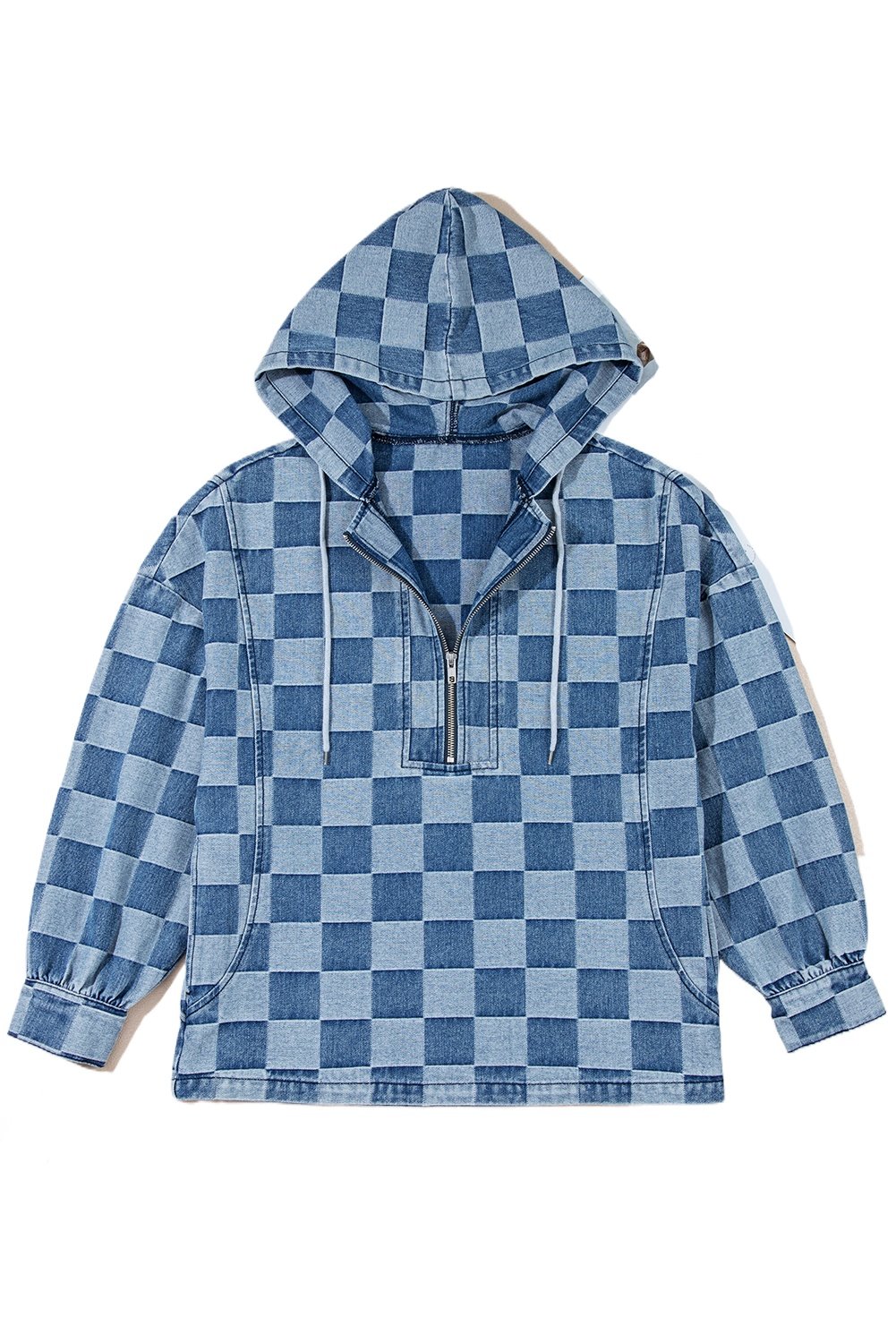 Sky Blue Checkerboard Zipped Neck Denim Hoodie with Kangaroo Pocket - Main View