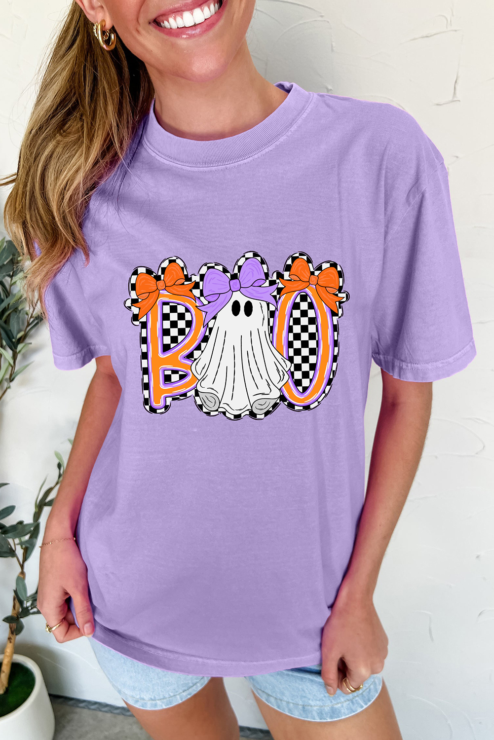 Wisteria Boo Checkered Bow Ghost Halloween Graphic Tee for Women - Detail View 5