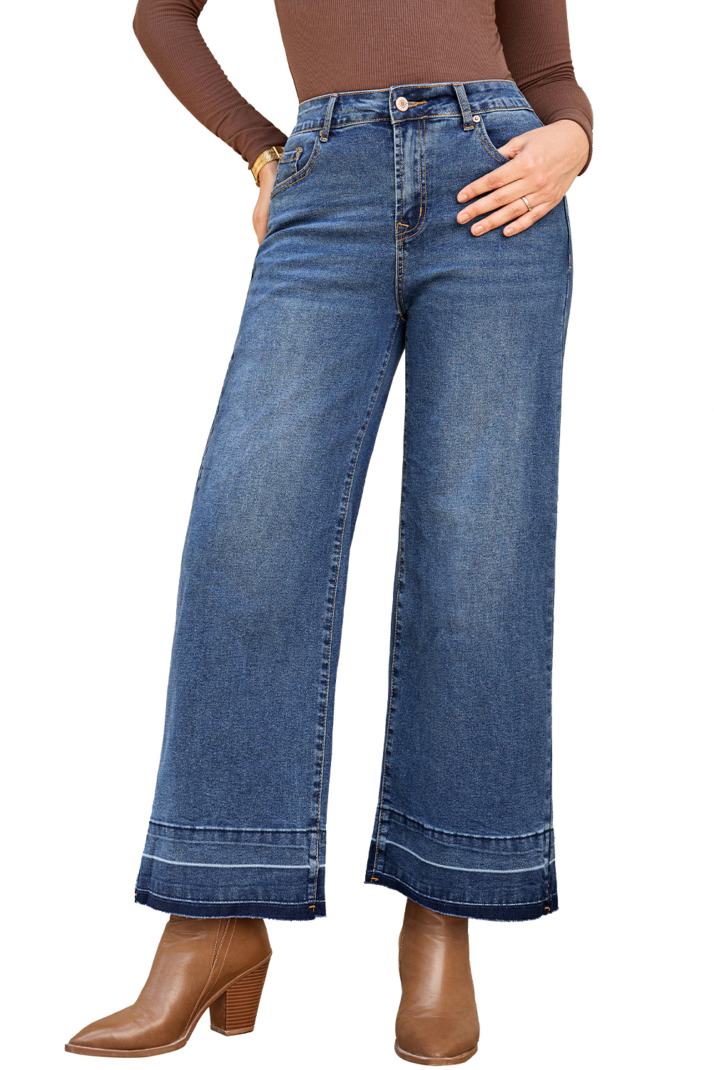 Women's Jeans, Navy Blue, High Waist, Straight Leg, Loose Fit, Raw Hem, Casual Style, Daily Wear, Denim, Comfortable, Versatile, Fall Fashion, Pocket Details, Zipper Closure - Detail View 16
