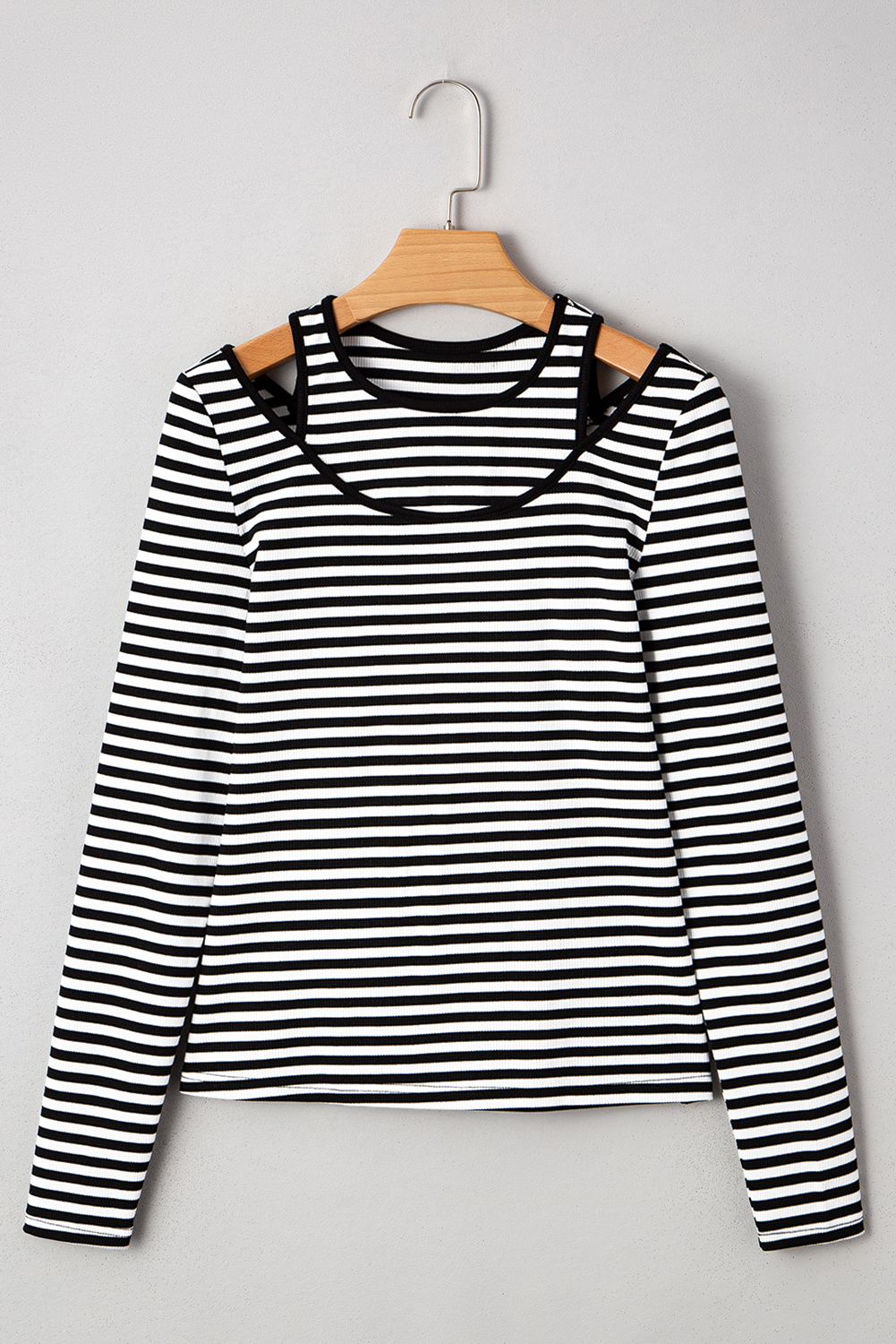 Women's Top, Black Stripe, Cold Shoulder, Long Sleeve, Casual Style, Double-Layer, Cut-Out Detail, Daily Wear, Fall Fashion, Outdoor Activities, Vacation Outfit, Date Night, Back to School - Detail View 8