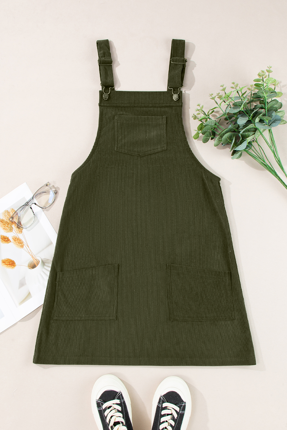Vineyard Green Sleeveless Corduroy Overall Dress with Front Pockets for Casual Fall Style - Detail View 13
