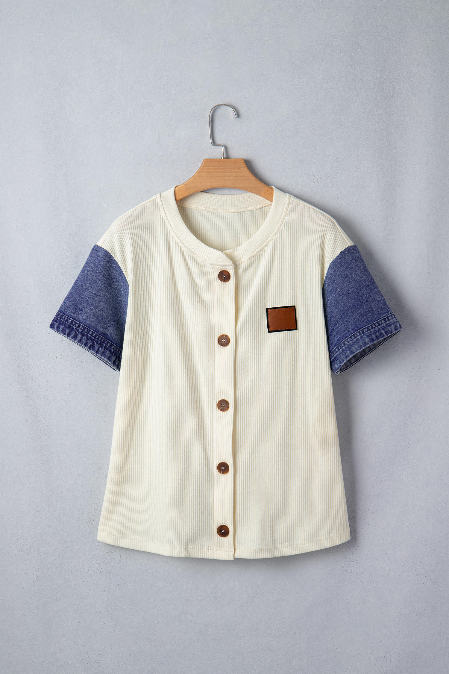 Short Sleeve Denim Patchwork Blouse – Stylish Beige Button-Down Shirt for Women, Summer Wardrobe Essential - Detail View 3