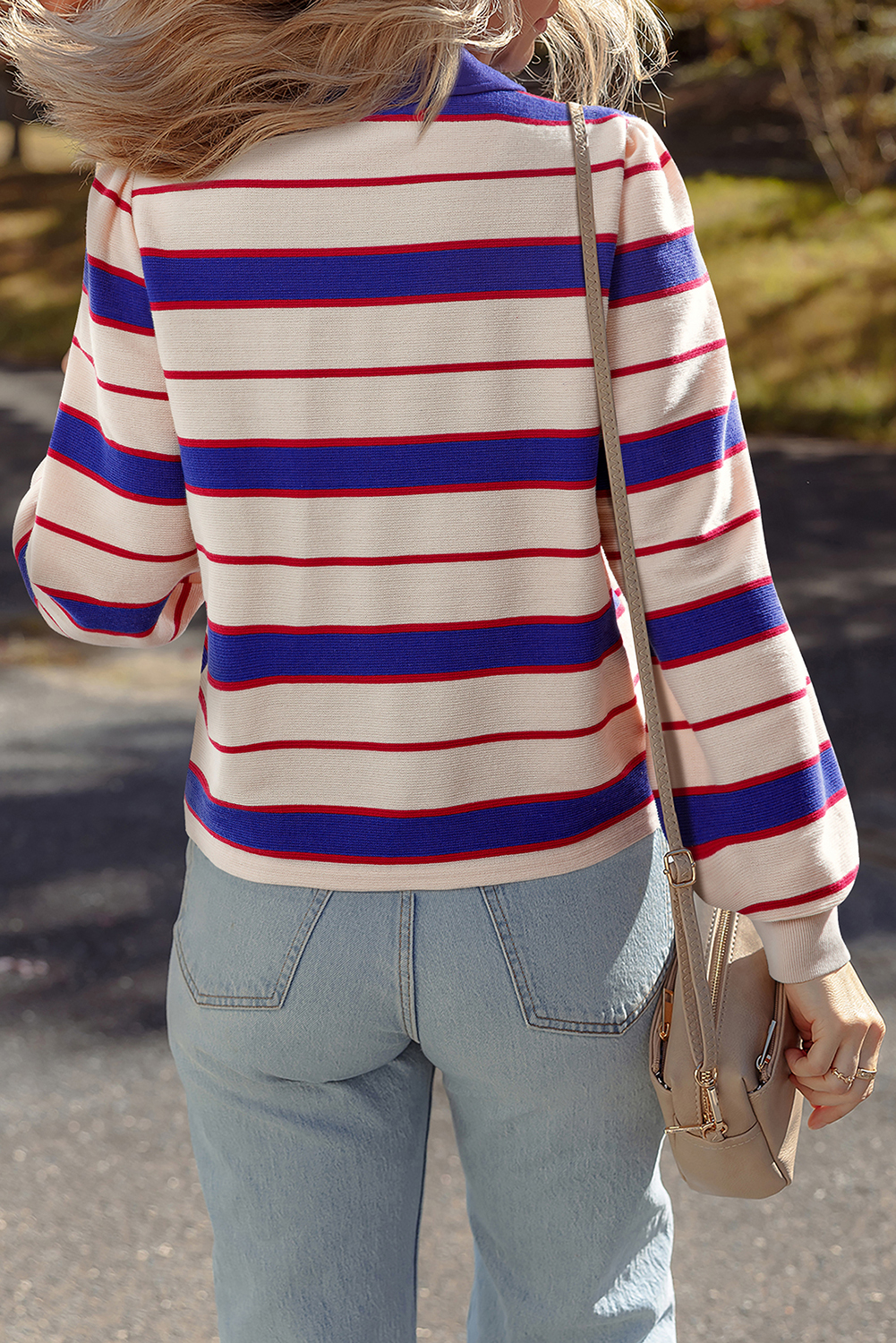 Stylish Long Sleeve Blue Stripe Color Block Polo Sweatshirt for Women - Detail View 2