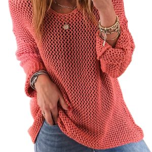 Women's Coral Crochet Hollow-Out Jumper Top Sweater - Boho Chic Style - Main View