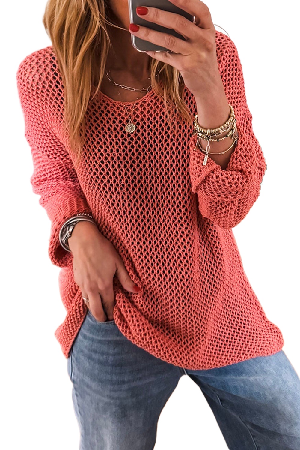 Women's Coral Crochet Hollow-Out Jumper Top Sweater - Boho Chic Style - Main View