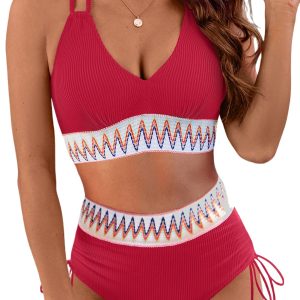 Racing Red Ribbed Knit Tribal 2-Piece High Waist Swimsuit for Women – Sexy Beach Ready Style