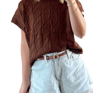 Women's Dark Brown Cable Texture Crew Neck Short Sleeve Sweater Top for Daily Wear - Main View