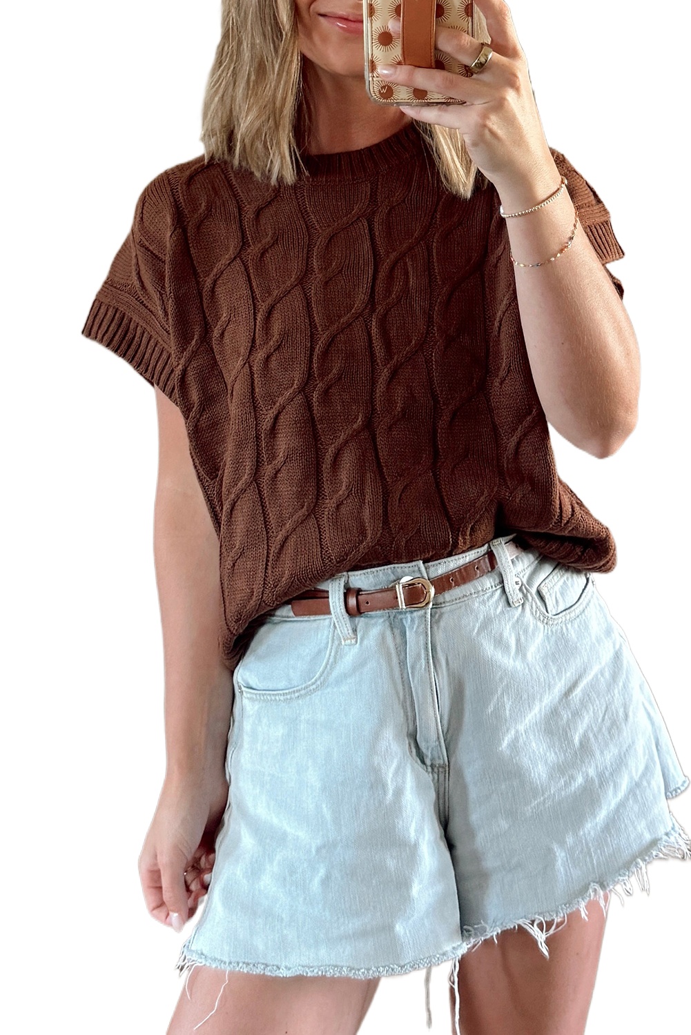 Women's Dark Brown Cable Texture Crew Neck Short Sleeve Sweater Top for Daily Wear - Main View
