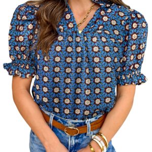 Sky Blue Floral Print V Neck Blouse – Casual Short Sleeve Top for Women's Summer Wardrobe