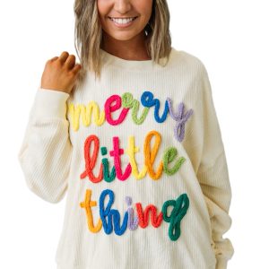 Women's Beige Corded Letter Graphic Sweatshirt – Casual Chic for Daily Wear - Main View
