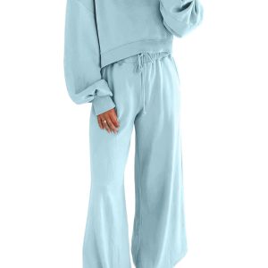 Women's Mist Blue Drop Shoulder Puff Sleeve Crop Pullover & Wide Leg Pants Set – Casual Autumn Style - Main View