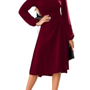 Elegant Burgundy Solid Color Ruched Detail Long Sleeve Midi Dress for Night Out - Main View