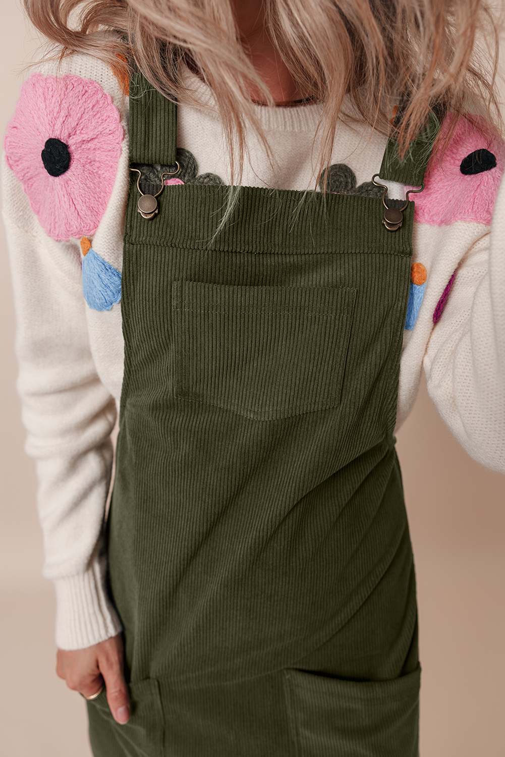 Women's Casual Solid Color Overall Dress with Straps and Pockets - Fall & Winter Essential - Detail View 7