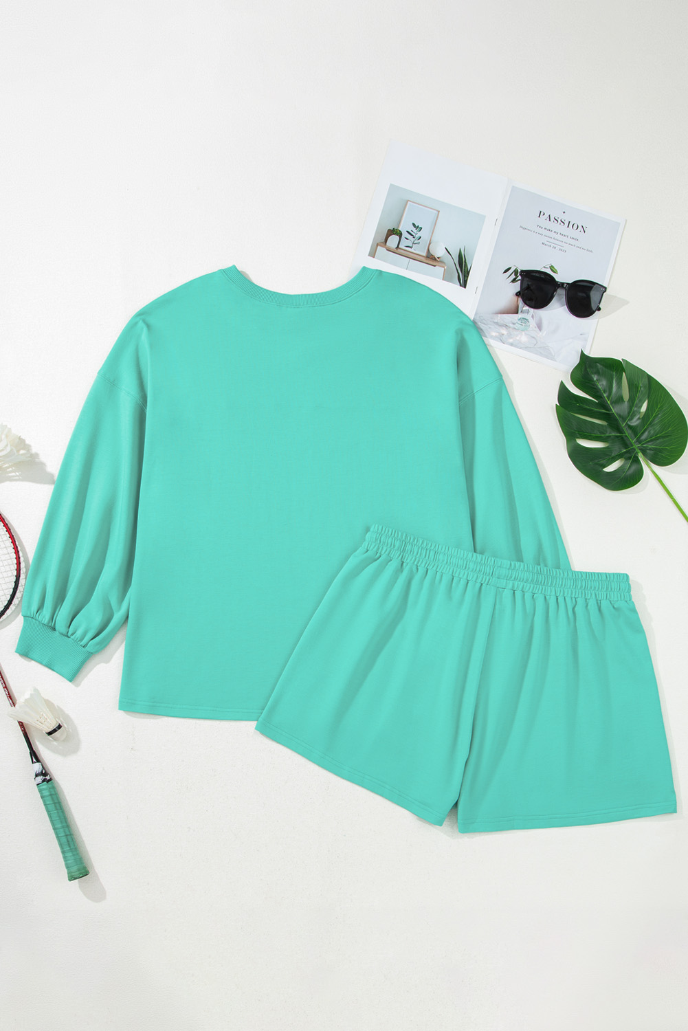 Casual Solid Color Sea Green Pullover and High Waist Shorts Set for Fall - Detail View 10
