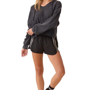 Women's Black Elastic Waist Athleisure Shorts with Varsity Stripes – Ideal for Summer Activities