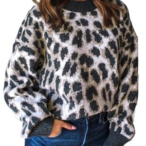 Women's Carbon Grey Leopard Print Baggy Sweater – Cozy Casual Style for Fall - Main View