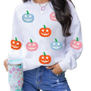 Women's White Halloween Jack-o-Lantern Sweatshirt - Casual Long Sleeve Fall Top - Main View